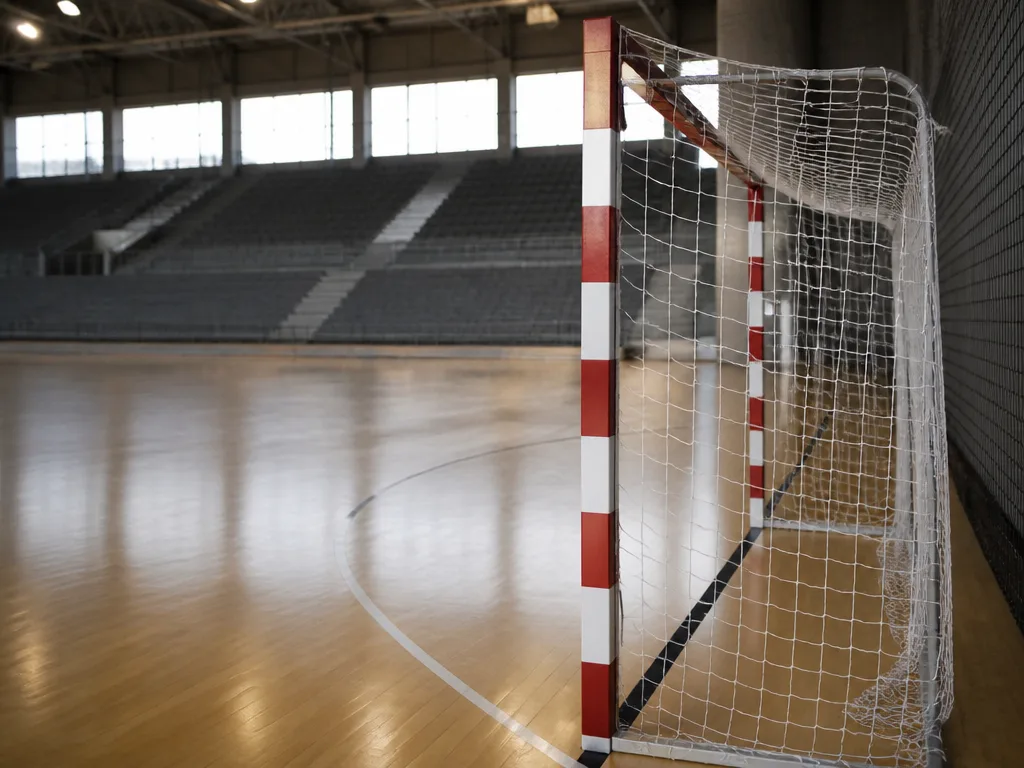 Tom inomhushall för handboll med parkettgolv och mål i naturligt ljus